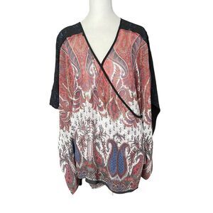 Poeme by Citron Medium Blouse Wrap Top Black Printed Dolman Sheer Lace